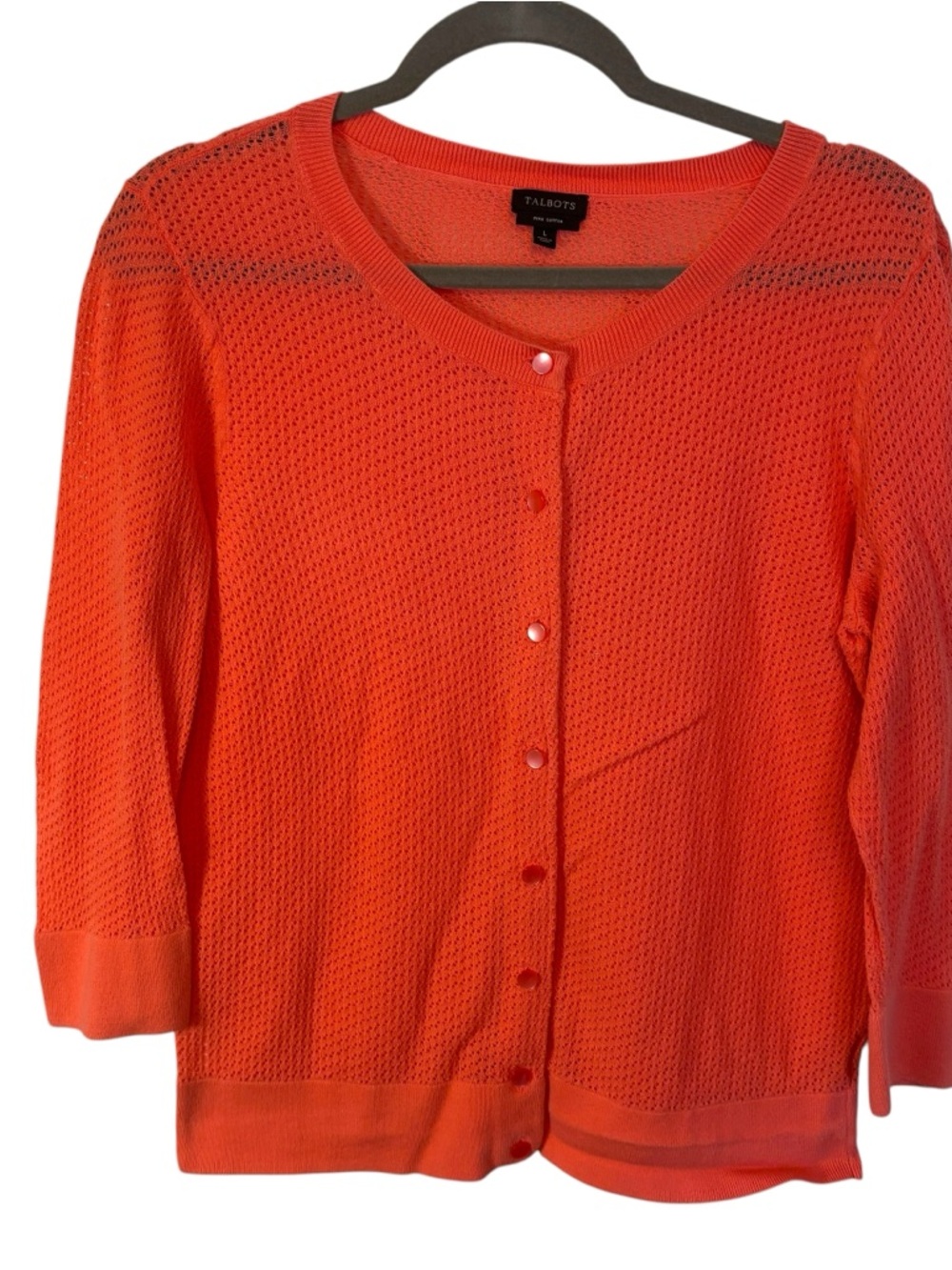 Talbots Bright Salmon / Orange Open-Knit Button Cardigan Size Large